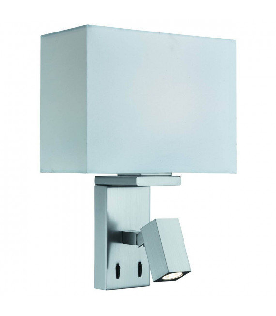 Lampada da parete orientabile con lampada da lettura, in argento satinato con paralume bianco