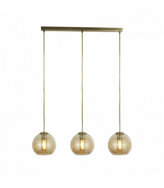 Pendant light 3 bulbs bar antique brass with amber glass