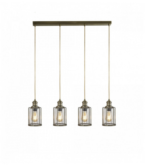 4-bulb antique brass pipe pendant with grained glass