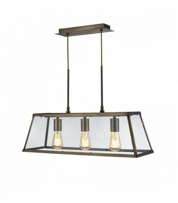 Pendant light Voyager 3 bulbs lantern bar antique brass glass