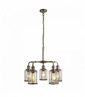 5-bulb antique brass pipe pendant with grained glass