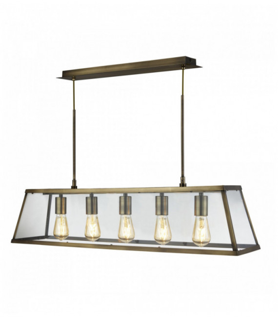 Voyager pendant light 5 bulbs lantern bar antique brass glass