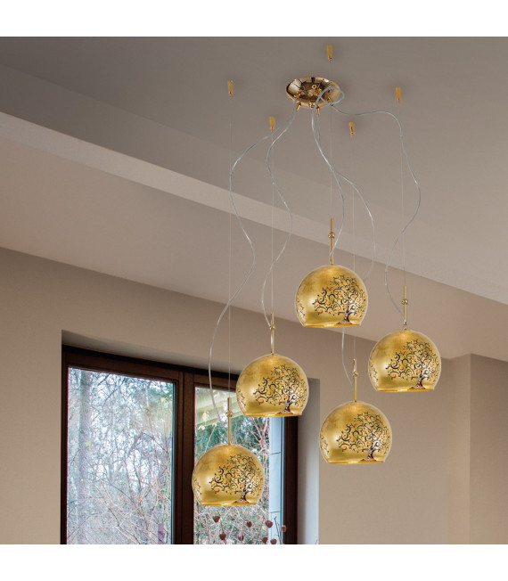 Lampada a sospensione Luna oro 24 carati 5 lampadine 200cm