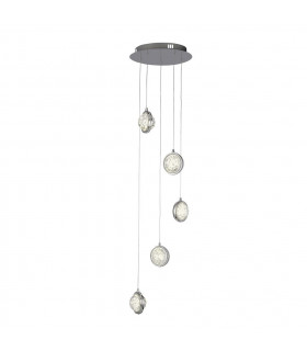 Quartz 5 bulb pendant Glass, stainless steel, mild steel Chrome, Clear