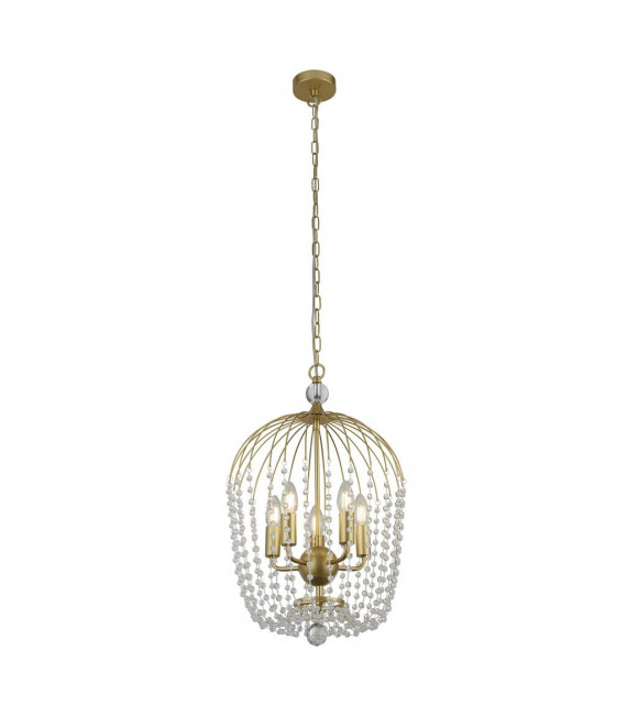 Lámpara colgante de ducha de vidrio, acero dulce pintado en oro, transparente 5 bombillas 56cm