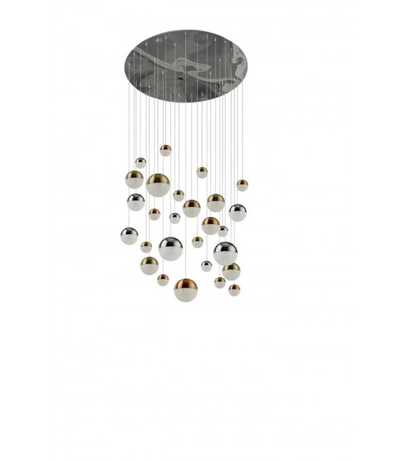 Ciondolo Pianeti 27 lampadine Acrilico, Acciaio dolce Cromo, Ottone satinato, Rame, Trasparente