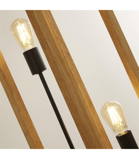 Lámpara de pie Cuadrada 2 bombillas Plástico, madera de bambú tejida Negro, madera natural