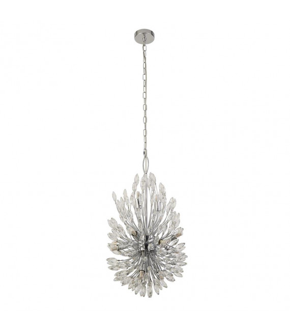 Peacock Pendant Glass, Mild Steel Chrome, Clear 14 bulbs 64cm