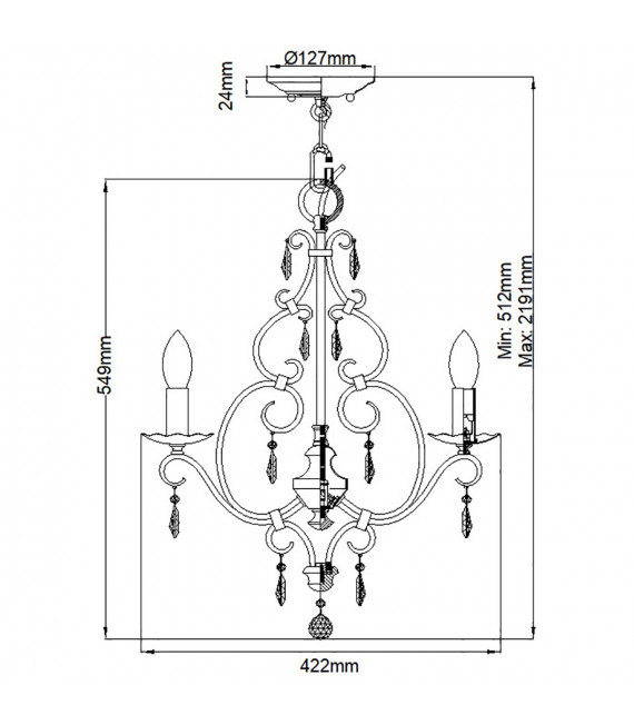 Kronleuchter ohne Lampenschirme Chateau Cristal, Stahl mokkabronze 4-flammig 54,9cm