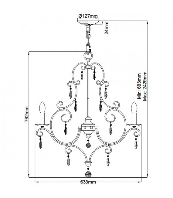 Kronleuchter ohne Lampenschirme Chateau Cristal, Stahl mokkabronze 6-flammig 76,2cm