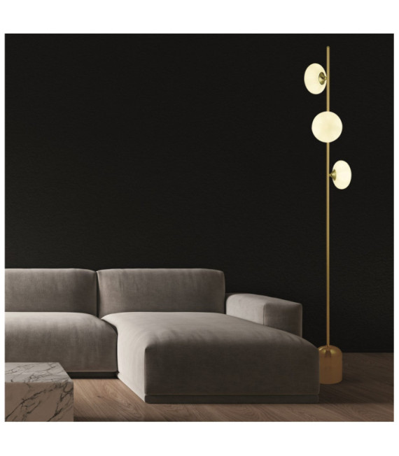Pebble Stehlampe, Weichstahl, weiß, satiniertes Messing