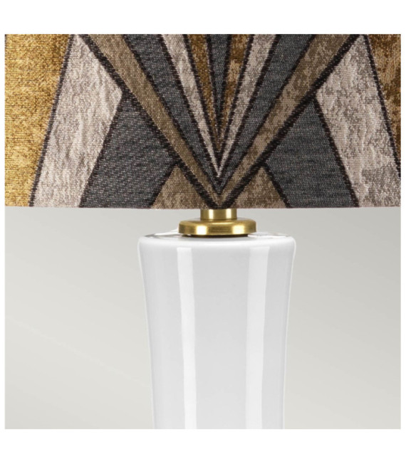 Lampada da tavolo Milo Base in ceramica, acciaio, paralume in tessuto ottone invecchiato