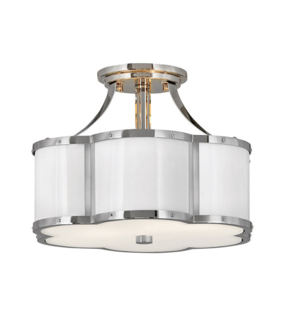 Plafonnier Hinkley Verre opale gravé,acier Nickel poli avec blanc poli
