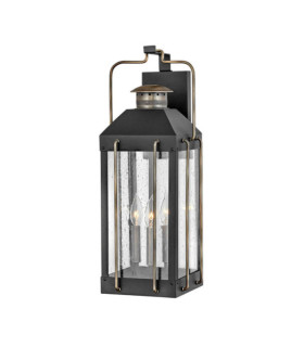 Hinkley outdoor wall light Aluminum, brass, clear seeded glass Textured black with burnished bronze