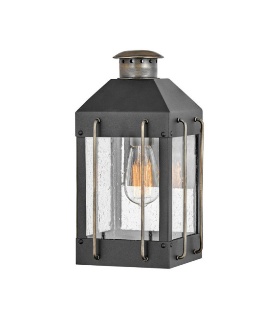 Hinkley outdoor wall light Aluminum, brass, clear seeded glass Textured black with burnished bronze