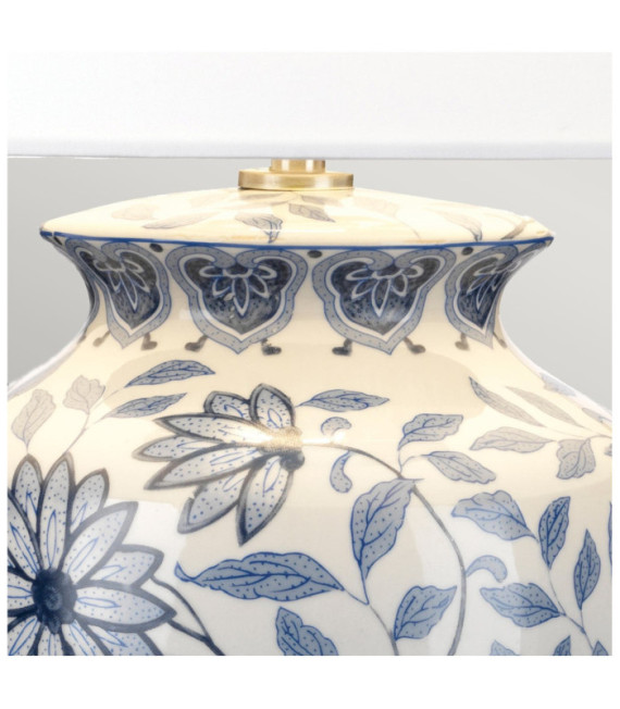 Lámpara de mesa Ying pantalla con base de porcelana y madera, Blanco, Azul