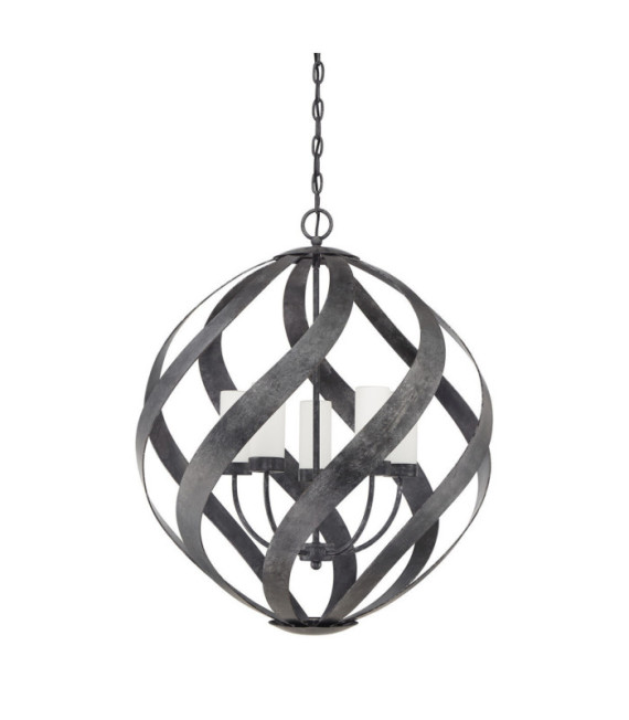 Suspension Quoizel Verre gravé opale,acier Vieux Noir
