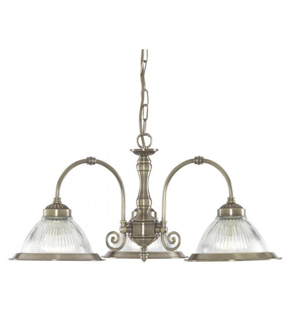 Lampada a sospensione a 3 luci America, Diner, in ottone antico e vetro