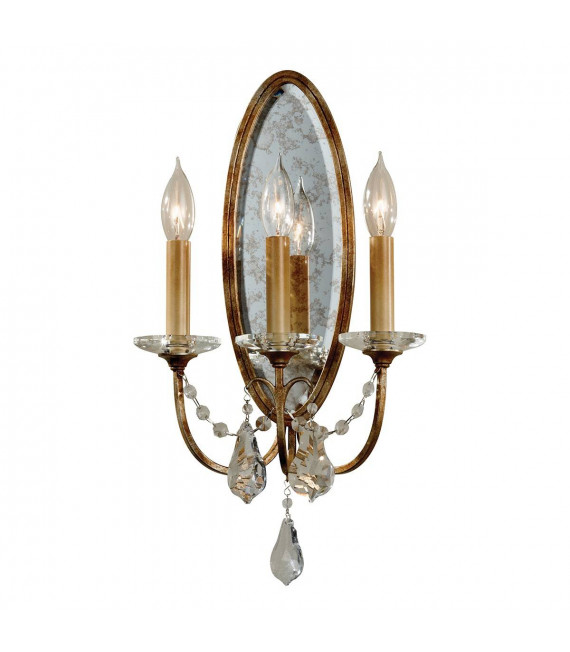 Lampada da parete in bronzo ossidato, decorazioni in cristallo, 3 luci