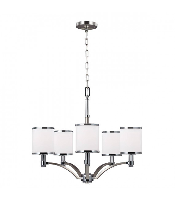 Lampadario Prospect Park, nichel satinato, cromo, vetro opale, 5 luci