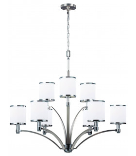 Prospect Park Kronleuchter, Nickel satiniert, Chrom, Opalglas, 9 Lichter