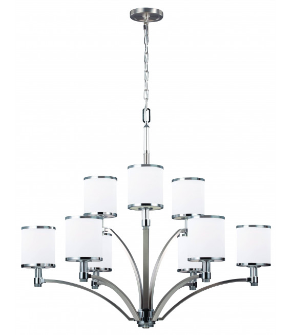 Prospect Park Kronleuchter, Nickel satiniert, Chrom, Opalglas, 9 Lichter