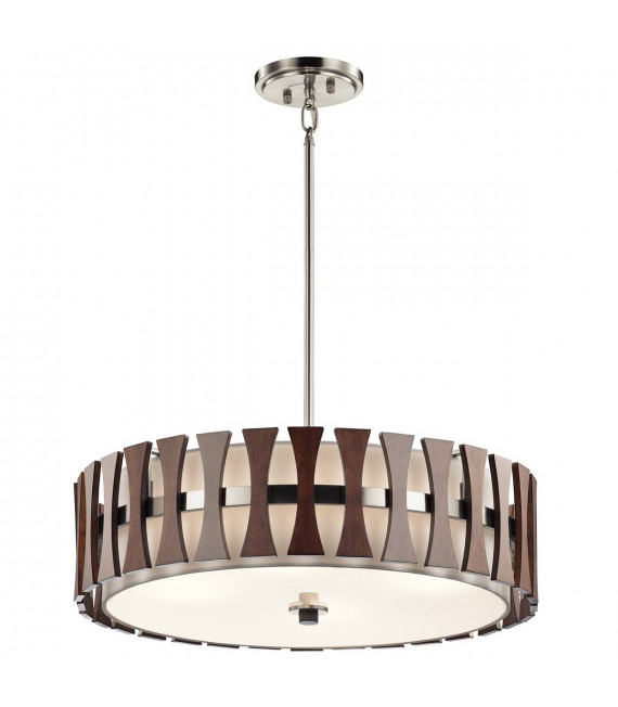 Cirus Pendelleuchte, gebürstetes Nickel, Holz, weißer Stoff, 4 Lichter