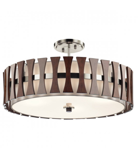 Cirus Pendelleuchte, gebürstetes Nickel, Holz, weißer Stoff, 4 Lichter