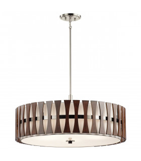 Lampada a sospensione Cirus, nichel spazzolato, legno, tessuto bianco, 5 luci