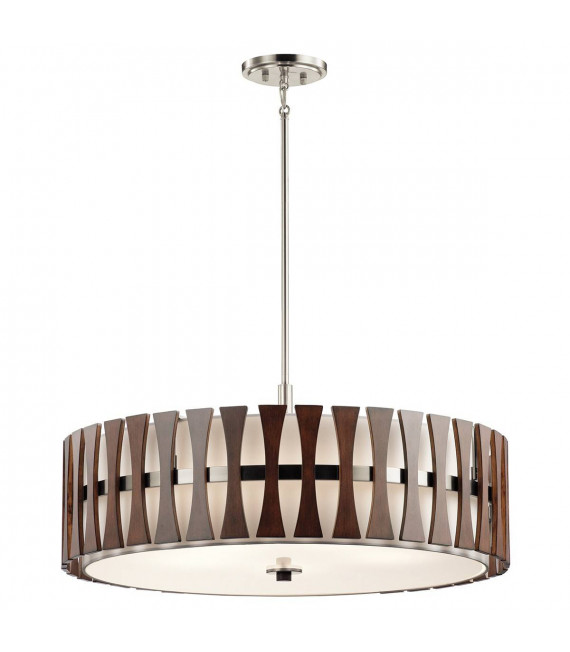 Lampada a sospensione Cirus, nichel spazzolato, legno, tessuto bianco, 5 luci