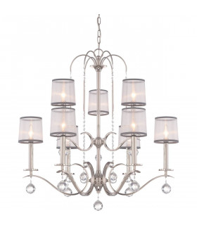Lámpara de araña Whitney, plata imperial, organza blanca y gris, decoración de cristal, 9 luces.