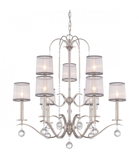 Lampadario Whitney, argento imperiale, organza bianca e grigia, decorazioni in cristallo, 9 luci