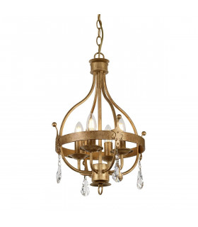 Lámpara colgante Windsor, pátina dorada, cristal, 4 luces
