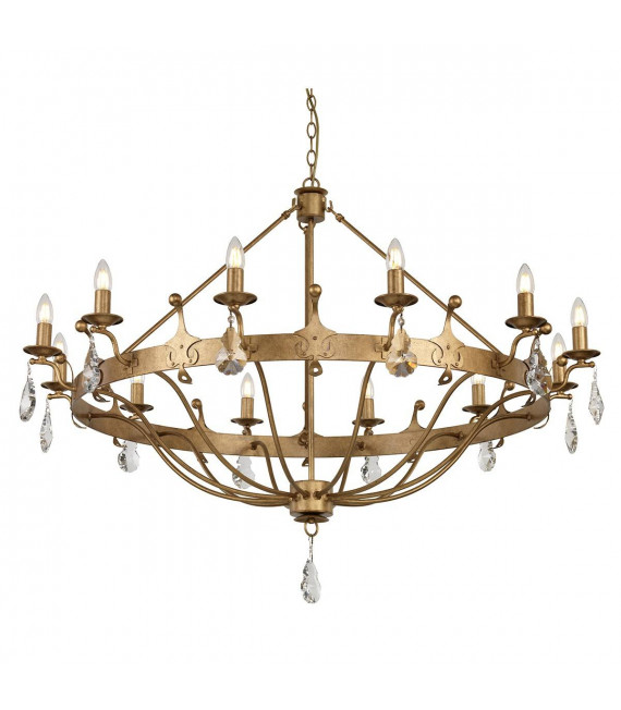 Lampadario Windsor, finitura patina dorata, cristallo, 12 luci