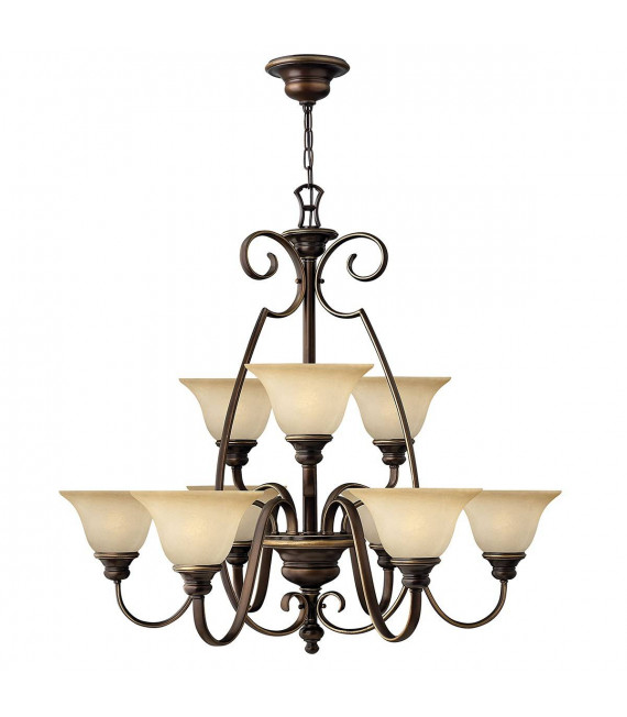Suspension Cello, bronze antique et verre albâtre, 6 ampoules