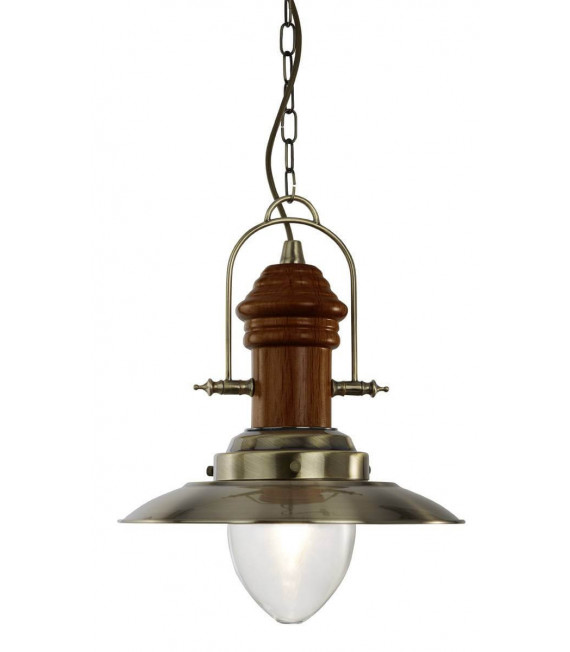Lampada a sospensione Fisherman a 1 lampadina, ottone antico, legno e vetro