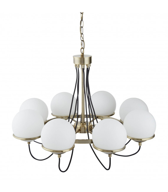 Lampada a sospensione sfera, ottone antico e vetro, 5 lampadine