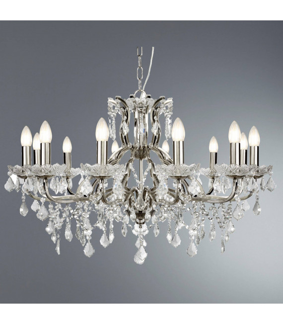 Lampada a sospensione Paris, ottone antico e cristallo, 12 lampadine